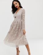 Asos Design Lace Long Sleeve Prom Midi Dress With Cut Out - Pink