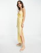 Asos Design Linen Strappy Ruched Side Split Leg Midi Sundress In Lemon-orange