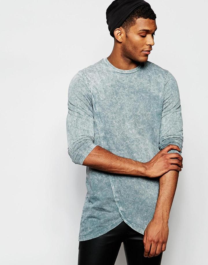 Asos Longline Long Sleeve T-shirt With Acid Wash And Curve Hem - Gray