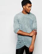 Asos Longline Long Sleeve T-shirt With Acid Wash And Curve Hem - Gray