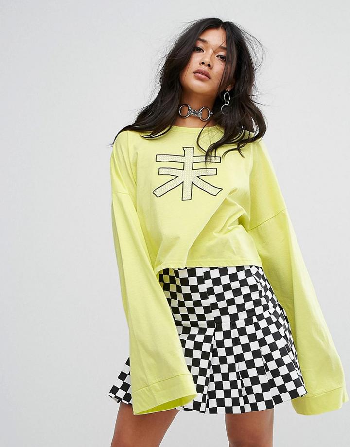 The Ragged Priest Long Sleeve T-shirt With Rhinestone Symbol - Green