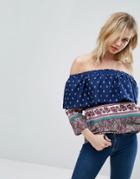 Influence Double Layer Bardot Top In Border Print - Navy
