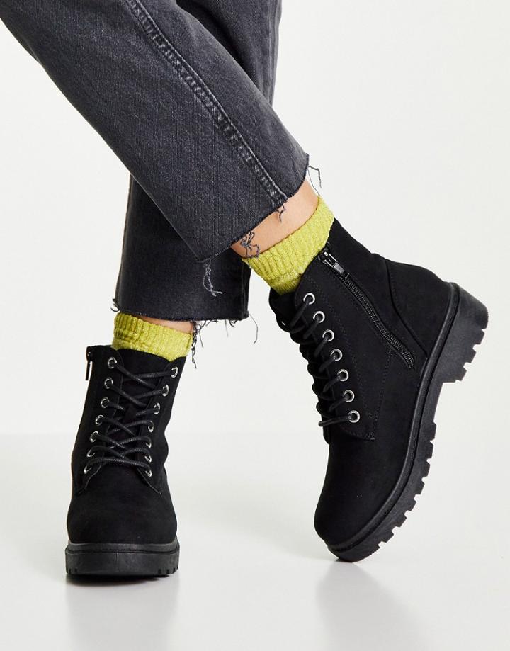 New Look Suedette Zip Detail Lace Up Flat Boot In Black