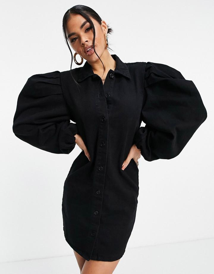 Missguided Puff Sleeve Shirt Dress In Black