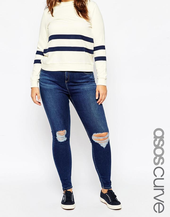 Asos Curve Ridley Skinny Jean In Brasswood Dark Wash With Rips - Dark Wash
