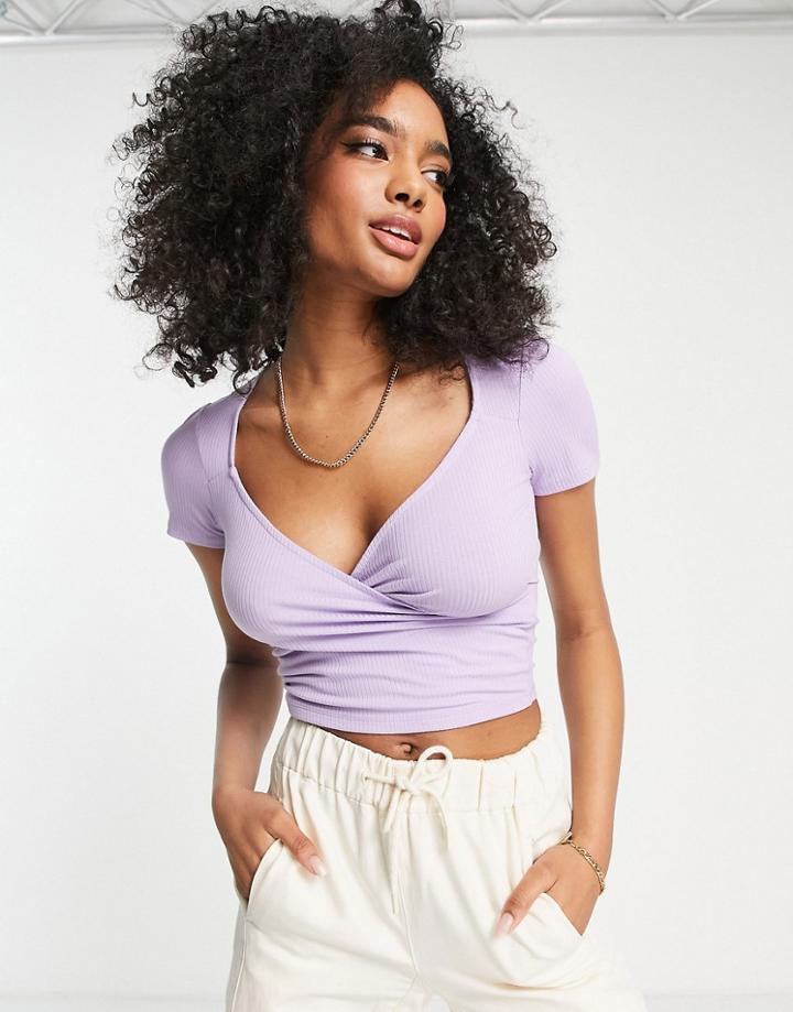 Asos Design Ribbed Wrap Top With Cap Sleeve In Lilac-purple