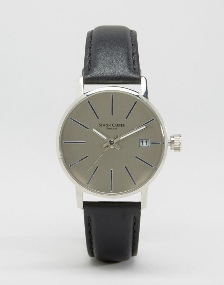Simon Carter Leather Watch In Silver/gray - Black
