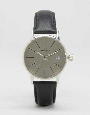 Simon Carter Leather Watch In Silver/gray - Black