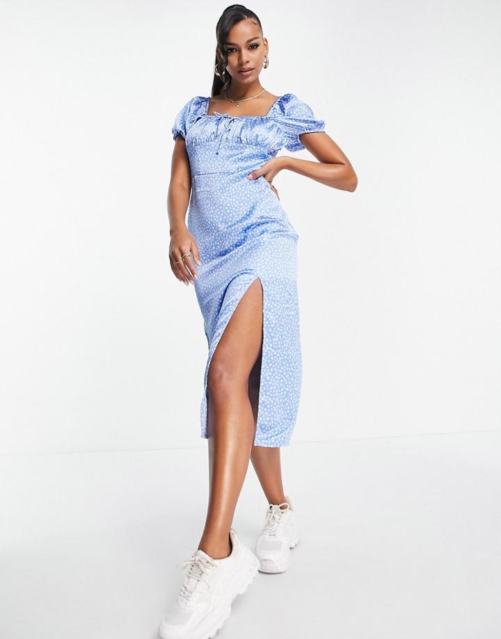 Na-kd Puff Sleeve Midi Dress In Blue Floral Print