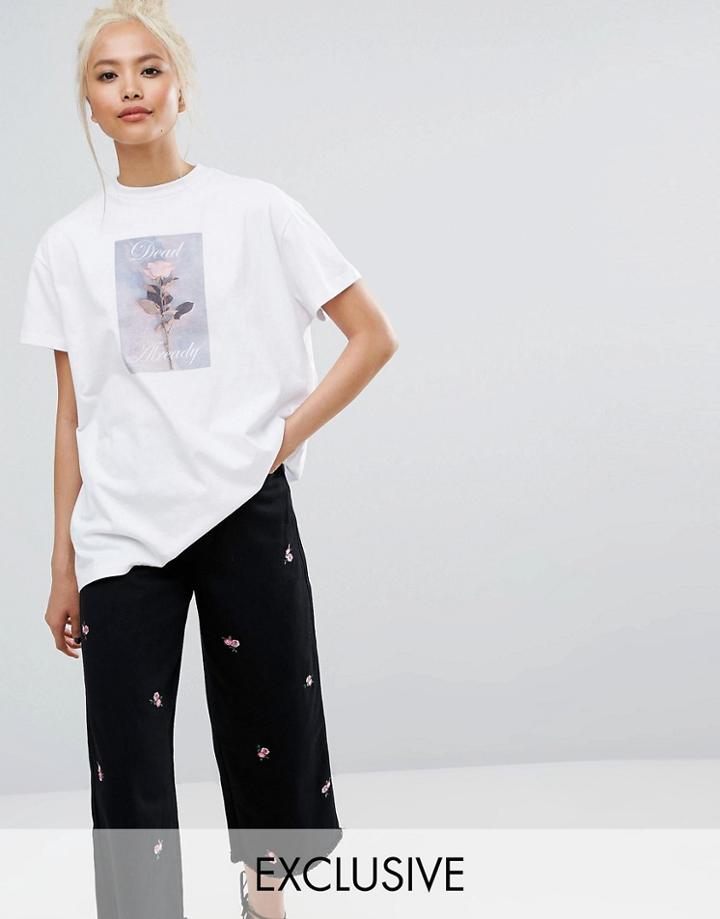 Lazy Oaf Oversized T-shirt With Rose - White