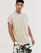 Asos Design Oversized Longline T-shirt With Crew Neck And Roll Sleeve In Beige Marl - Beige