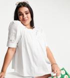 Asos Design Curve Short Sleeve Cotton Top With Floral Cutwork In Ivory-no Color