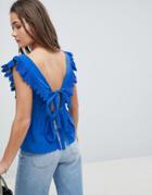 Asos Design Plunge Top With Peplum And Tie Open Back - Blue