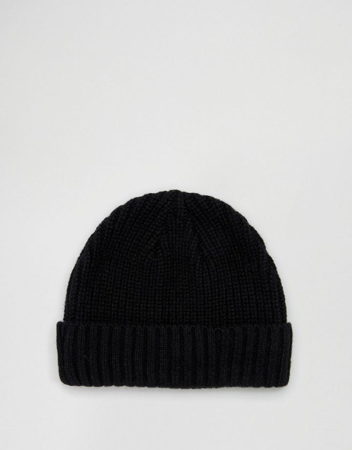 Asos Lambswool Blend Rib Fisherman Beanie In Black - Black