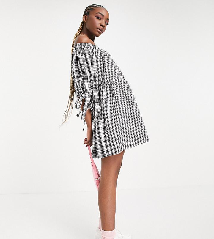 Asos Design Tall Off Shoulder Tiered Mini Dress With Tie Sleeves In Black And White Gingham-multi
