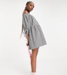 Asos Design Tall Off Shoulder Tiered Mini Dress With Tie Sleeves In Black And White Gingham-multi