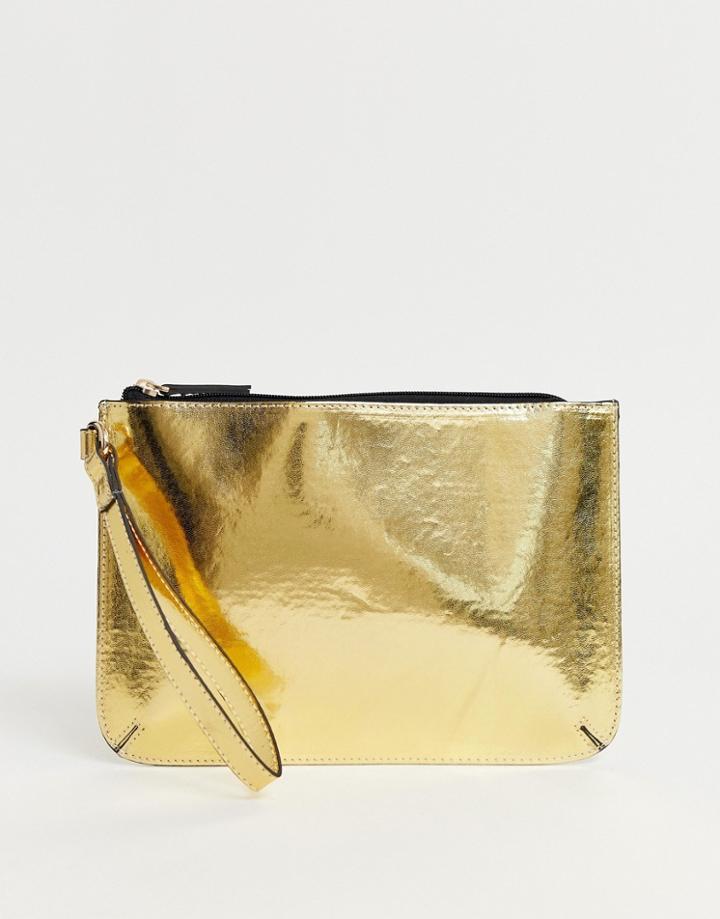 Asos Design Zip Top Wristlet Clutch Bag In Metallic-gold