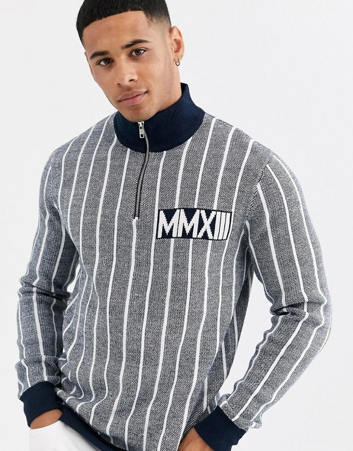 Only & Sons Quarter Zip Vertical Stripe Sweater In Blue