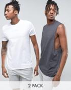 Asos 2 Pack T-shirt With Crew Neck And Vest With Dropped Armhole In White/charcoal Marl Save - Multi
