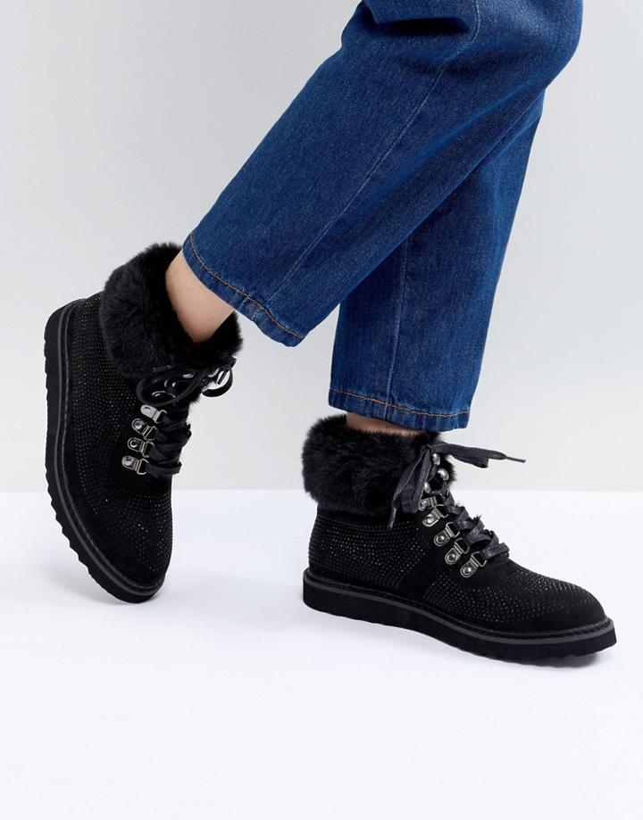 Pieces Sally Hiking Boot With Faux Fur Ankle-black