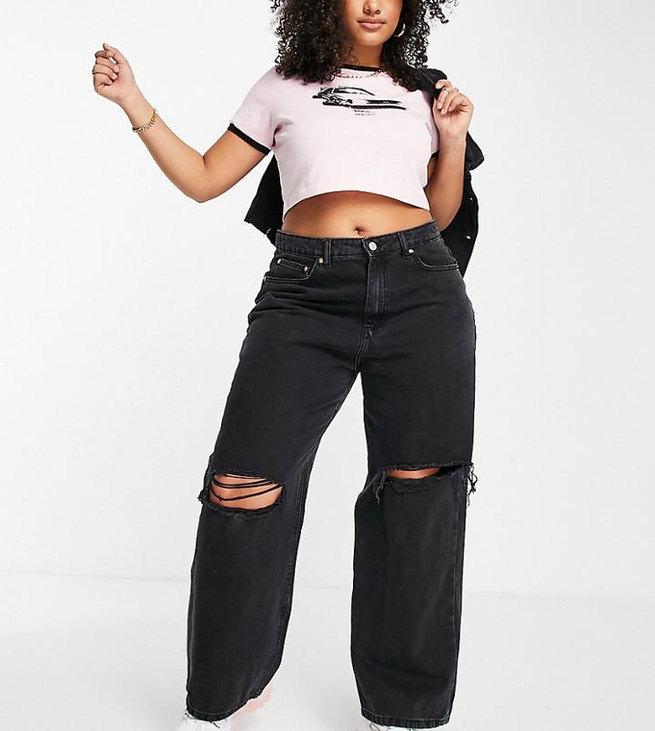 Dtt Plus High Rise Straight Dad Jeans With Knee Rips-black