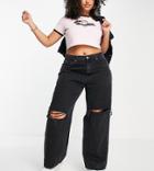 Dtt Plus High Rise Straight Dad Jeans With Knee Rips-black