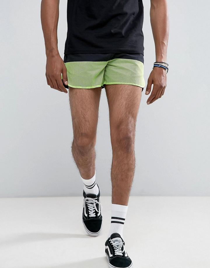 Asos Slim Shorter Runner Shorts With Neon Cut & Sew - Black