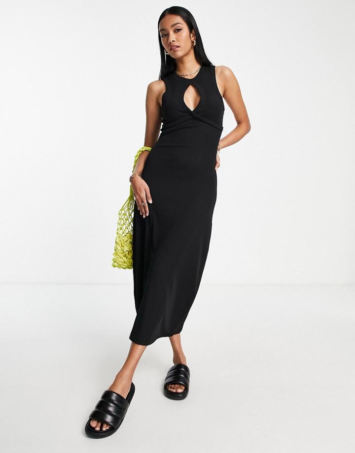 Asos Design Ribbed Sleeveless Midi Dress With Keyhole Detail In Black