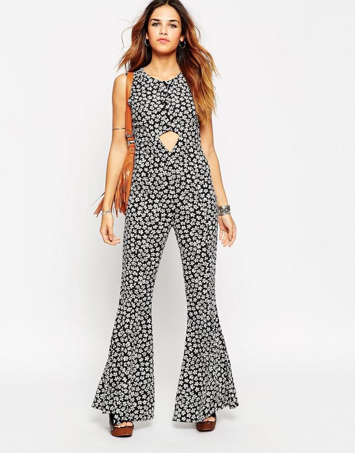 Asos Jumpsuit With Flares And Cut Out In Ditsy Floral Print - Mono