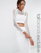 Noisy May Tall Kicks Back Mesh Grid Hooded Crop Top - White