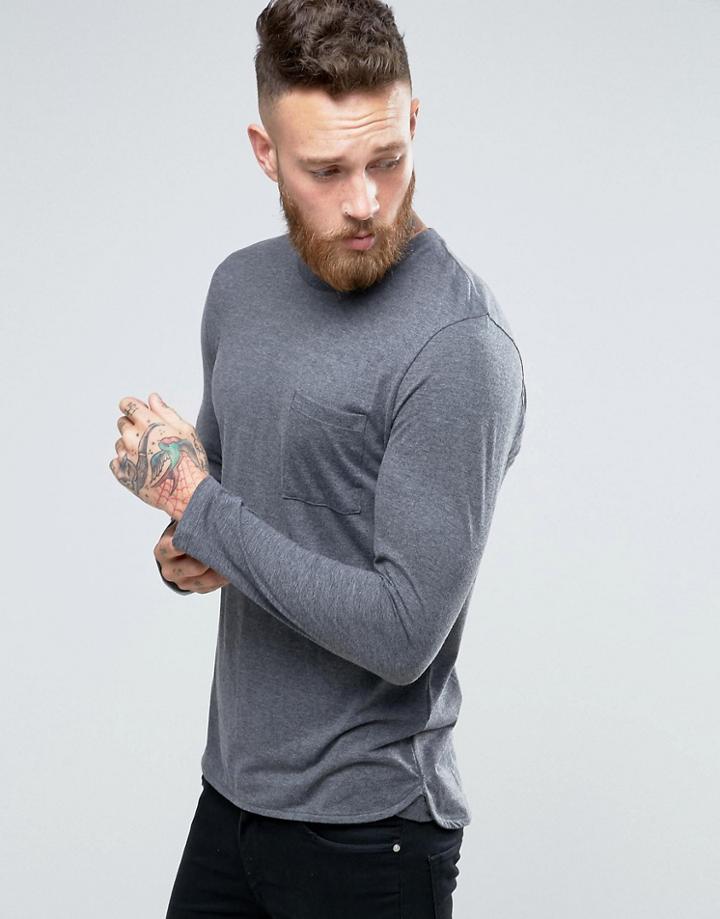 Selected Homme Longline Long Sleeve Top With Pocket - Gray