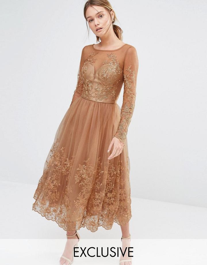 Chi Chi London Embroidered Lace Tulle Dress With Long Sleeve - Deep Tan