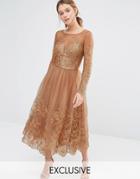 Chi Chi London Embroidered Lace Tulle Dress With Long Sleeve - Deep Tan