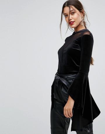 Ivyrevel Flared Sleeve Top With High Neck Mesh Detail - Black