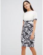 Vesper Pencil Dress With Monochrome Floral Print Skirt - Cream