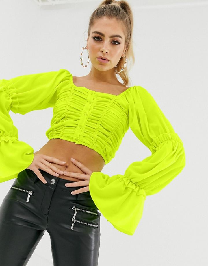 Club L Square Neck Pleated Ruffle Top In Neon Green - Green