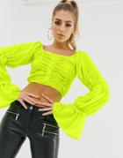 Club L Square Neck Pleated Ruffle Top In Neon Green - Green