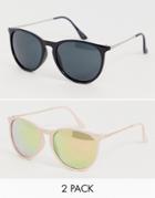 Asos Design 2 Pack Round Sunglasses In Metal Arms In Pink And Black - Multi