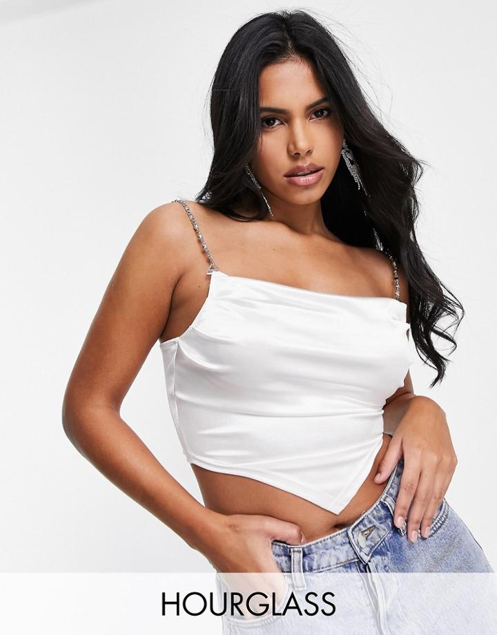 Asos Design Hourglass Satin Crop Top With Embellished Straps In Ivory-white