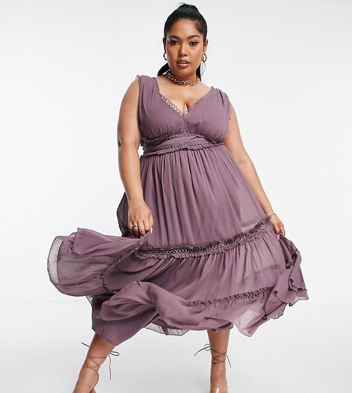 Asos Design Curve Lace Insert Midi Dress With Ruffle Detail In Dusty Mauve-purple
