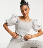 Missguided Denim Milkmaid Top With Poplin Sleeves In Gray - Part Of A Set-grey