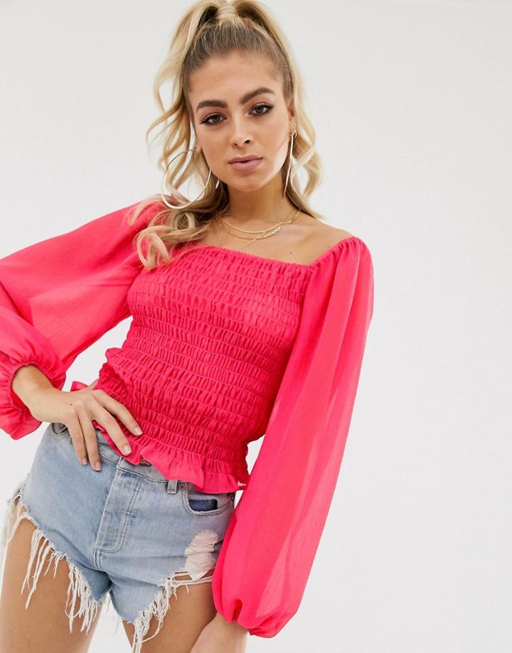 Asos Design Shirred Top With Long Sleeve-pink