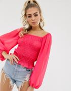 Asos Design Shirred Top With Long Sleeve-pink