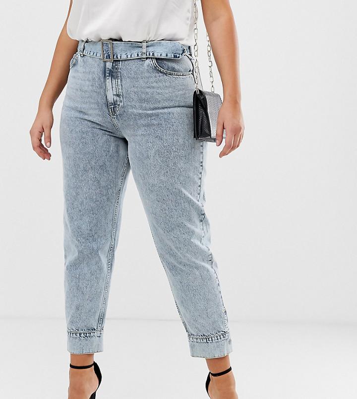 Asos Design Curve Ritson Rigid High Waisted Mom Jeans In Light Vintage Wash With Belted Waist And Cuff Hem Detail-blue