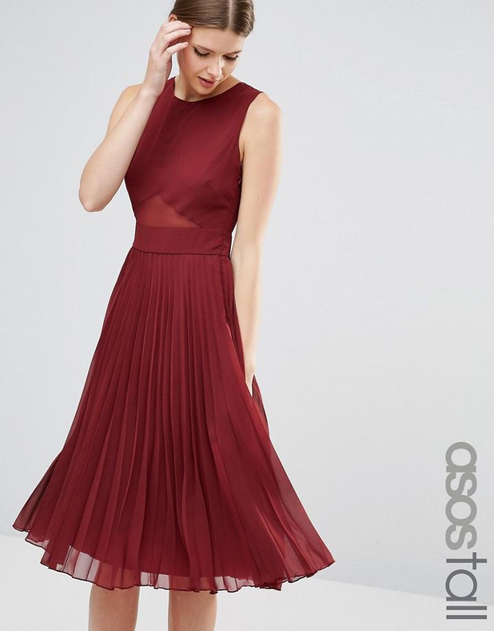 Asos Tall Sheer And Solid Pleated Midi Dress - Red