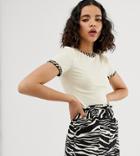 River Island T-shirt With Zebra Trim In Cream - Cream