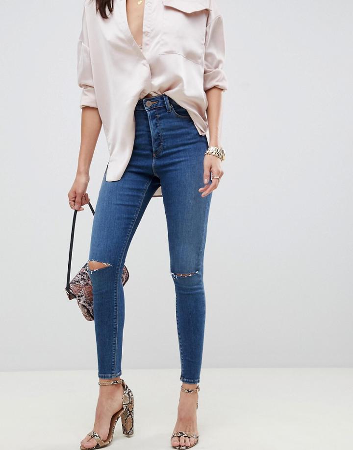 Asos Design Ridley High Waist Skinny Jeans In Extreme Dark Stonewash With Button Fly With Ripped Knees - Blue
