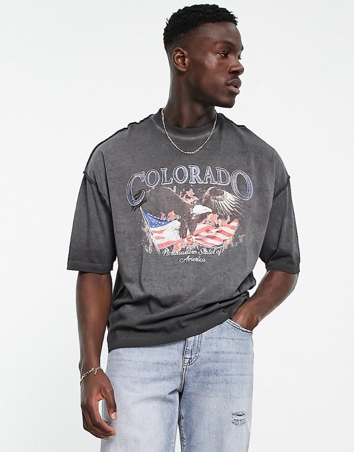 Asos Design Oversized T-shirt In Washed Black With Colorado Front Print