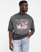 Asos Design Oversized T-shirt In Washed Black With Colorado Front Print
