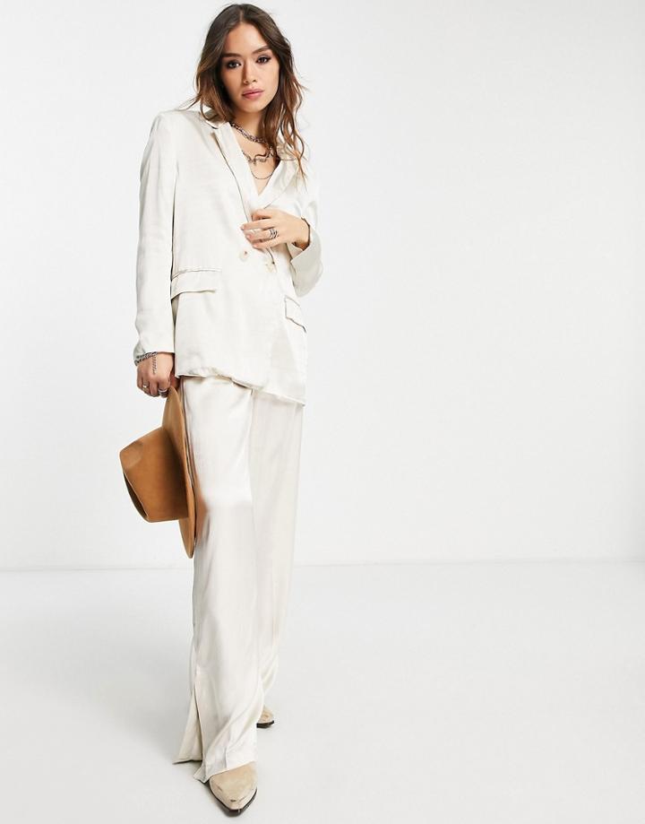 Bershka Satin Wide Leg Pants In Stone-neutral